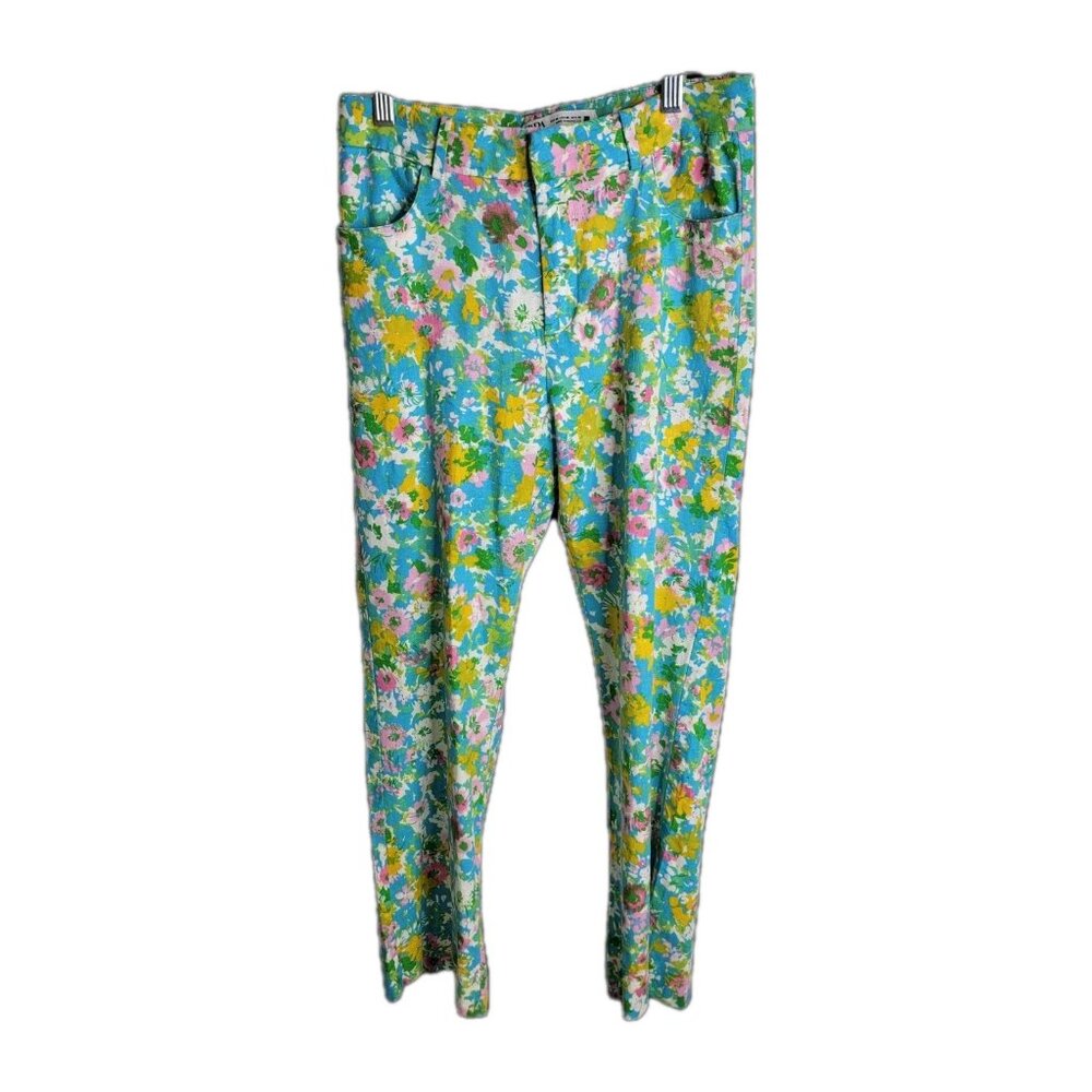 Zara Linen Blend Floral Cropped Flare Pants Size 6 Vacation Beach Cruise Summer - Picture 2 of 9